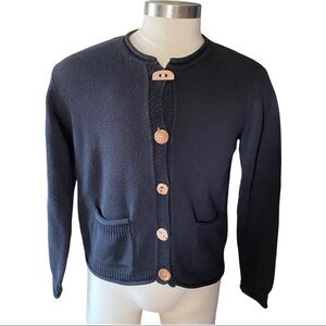 Orvis Navy Knit 100% Cotton 5 Wood Buttons Front Cardigan Sweater Women Medium